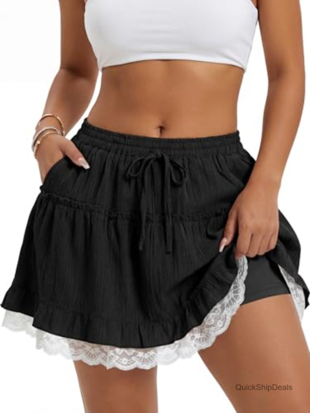 Ruffle Flowy Tiered Lace Mini Skort High Waist Boho Drawstring Pockets